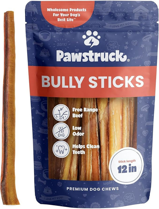 Pawstruck All-Natural 12" Bully Sticks for Dogs - Long Lasting, Rawhide-Free, Low Odor & Grain-Free Dental Chew Treat - Healthy Single Ingredient, 100% Real Beef - 1 lb Bag