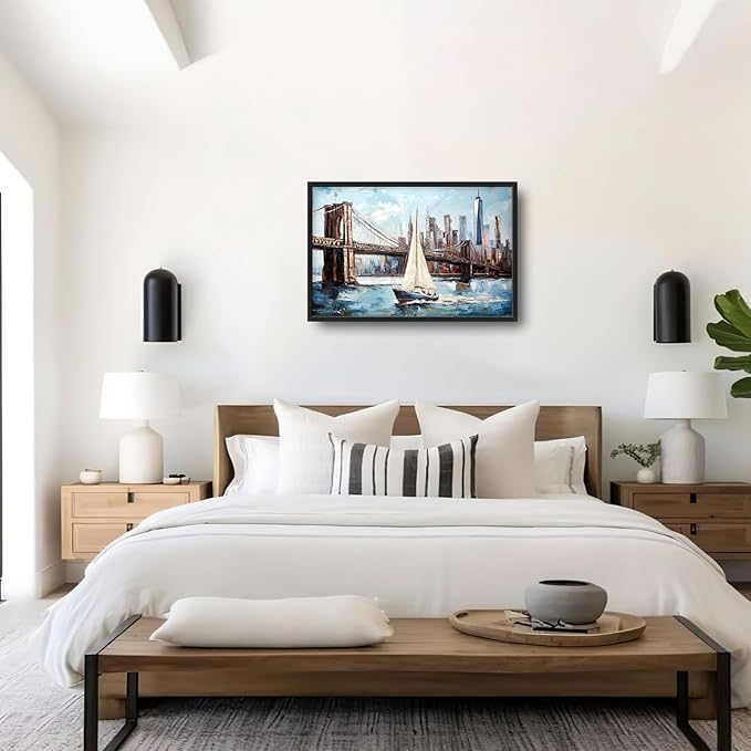 Extra Large Sailboat Framed Wall Art for Living Room,Oversized New York Brooklyn Bridge Pictures Wall Decor,Cityscape Canvas Print Painting Modern Artwork Bedroom Office Bathroom 36L" x 24W"