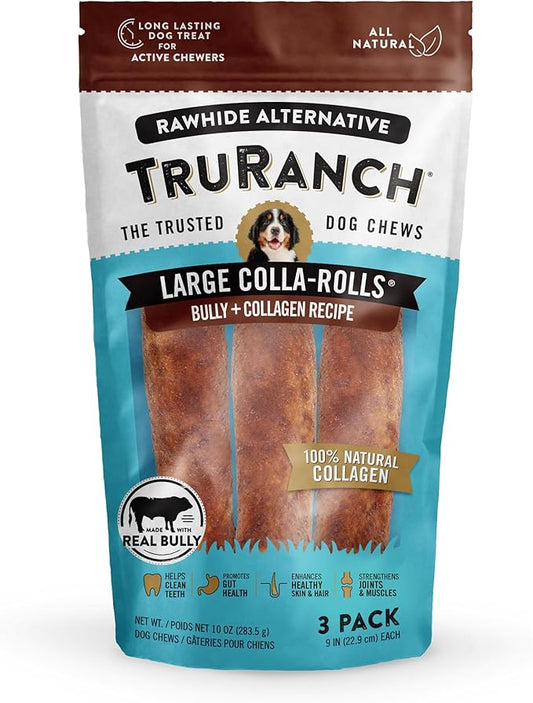 Collagen Rolls - 9" Collagen Rolls for Dogs - Long Lasting Healthy Joint Support Dog Treat - Rawhide Alternative - Skin & Coat Health - Made with Real Bully, 1 Bag, 3 Count