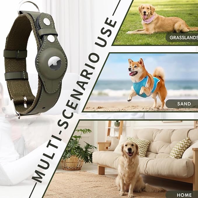 AirTag Dog Collar Soft Leather Webbing Dog Collar for AirTag Provides Double Protection for Small Medium and Large Dogs(Black,M)
