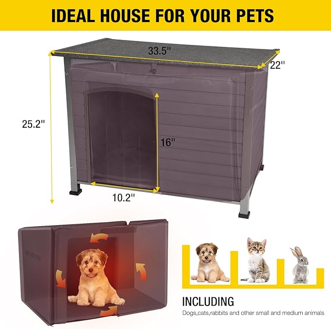 Aivituvin Dog House with Insulated Liner, Outdoor Indoor Weatherproof Dog House for Winter, Suitable for Small & Medium & Large Dogs with Unique All-Around Iron Frame(Grey)
