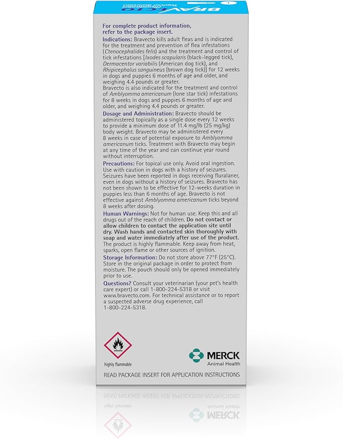 BRAVECTO Topical Solution for Dogs, Flea & Tick, 12 Week Supply, >44-88 lbs., Blue Box