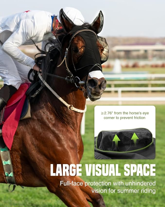 JWODVNTH Fly Masks for Horses with Ears - Large Eye Space, Comfort, UV-Block - Horse Fly Mask for Daily Stable, Hot Weather Riding, and Competition - Cob, Black