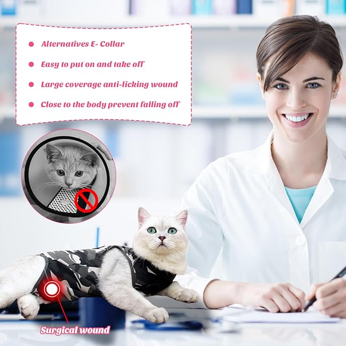 Cat Recovery Suit for Abdominal Wounds or Skin Diseases, Cat Onesie for Cats After Surgery Female Kitten Recovery Suit, Breathable E-Collar Alternative for Cats After Spay Anti Licking Wounds