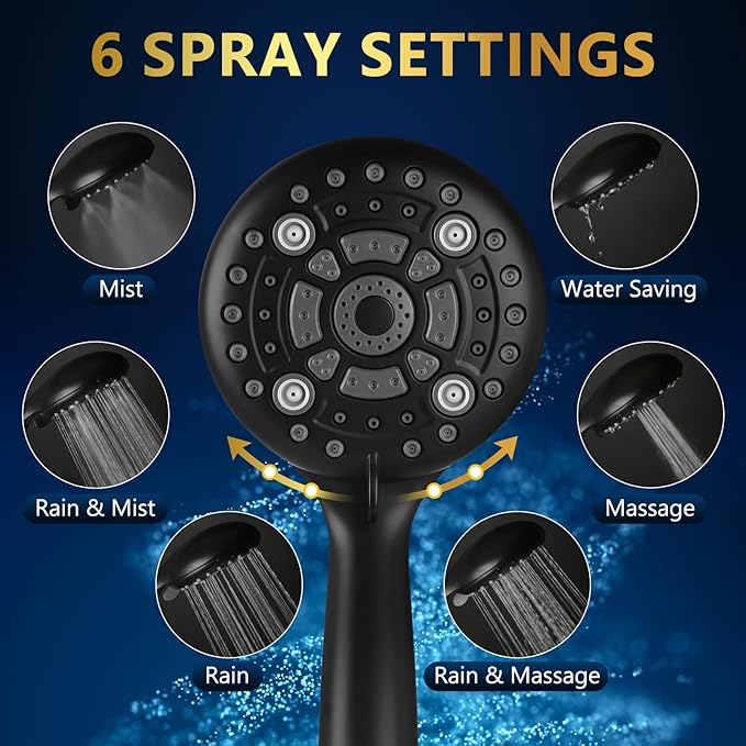 6 Spray Modes High Pressure Handheld Showerhead Set Upgraded 5 Inches Shower Head with Handheld Spray Premium Black Handheld Shower Head 60 Inches Stainless Steel Hose-1-Min Install