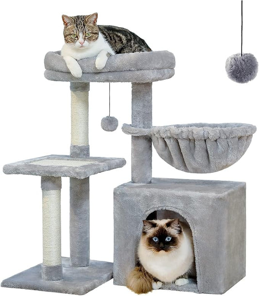 PEQULTI Small Cat Tree, [28.5''] Cat Tower for Indoor Cats, 2 Styles Activity Tree with Cat Scratching Posts, Big Hammock and Removable Top Perch Grey