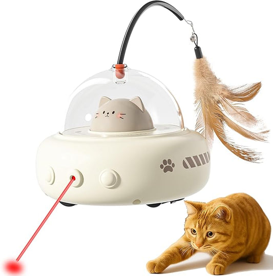 hooroor 2-in-1 UFO Laser Cat Toy – Automatic Motion with Feather, Rechargeable Smart Sensor Interactive Toy for Indoor Cats & Dogs, Fun Exercise & Play, Perfect Pet Gift
