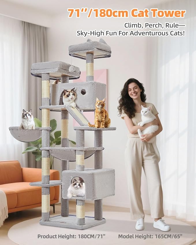 Taoqimiao Cat Tree 71-Inch, Cat Tower for Indoor Cats Large Adult, Multi-Level Large Cat Condo, 8 Sisal Scratching Posts, Metal Frame Cozy Hammock, Scratch Board, 2 Top Perches, Light Gray MS026LW