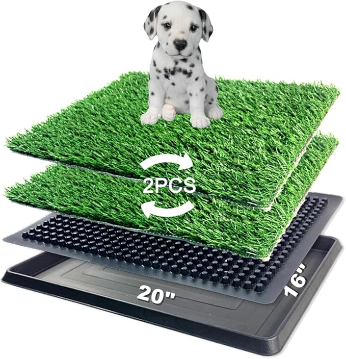 Artificial Grass Pad with Tray - 16"x20" Dog Potty for Puppy Training - with 2 PCS Reusable Replacement Fake Grass Pee Pads, Indoor/Outdoor Small Dog Litter Box for Apartment or Balcony/Patio