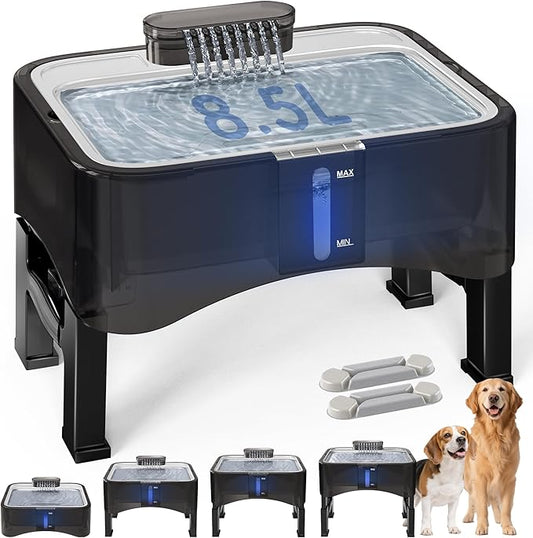 UPSKY 2.25Gal Elevated Dog Water Fountain, 4 Heights Adjustable Pet Fountain for All Dog Sizes, 304 Stainless Steel Tray Indoor Cat Drinking Dispenser with Ultra-Quiet Pump & 2 Replacement Filters