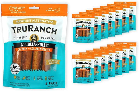 Collagen Rolls - 6" Collagen Rolls for Dogs - Long Lasting Healthy Joint Support - Rawhide Alternative - Skin & Coat Health - Made with Real Chicken, Value Pack, 15 Bags, 60 Count