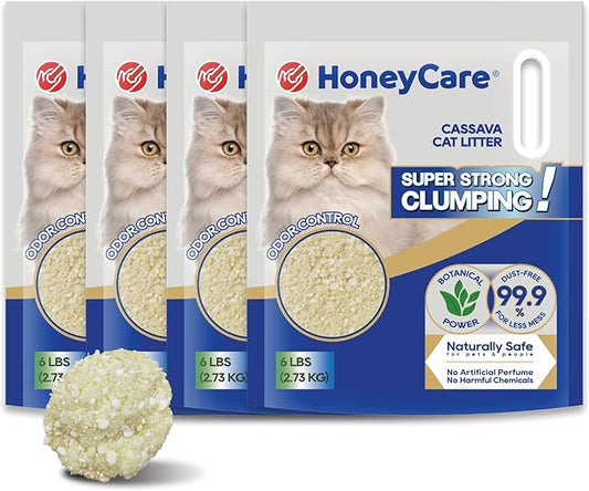 HoneyCare Cassava Cat Litter | Natural Plant-Based Litter | Quick Clumping & Low Dust | Superior Odor Control | Sustainable & Flushable Formula | 24-lbs Value Pack (6 lbs x 4)