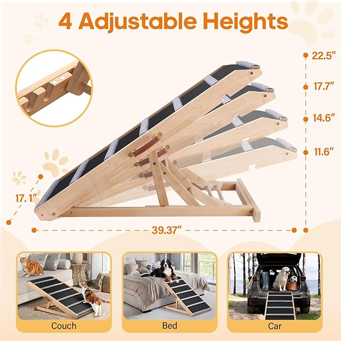 Dog Ramp for Bed - Extra Wide - Excellent Traction, Pet Ramp for Small Large Dogs to Get on Couch Car, Non-Slip Rubber Surface, 17’’W, Hold up to 200lb, Adjustable, Foldable (200LBS)