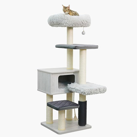 Catry Kasio 6 Level 54" High Modern Cat Tree with Laminated Wood Condo,Replaceable Scratching Posts,Removeable Washable Beds, Self Grooming Brush and Toys.(Light Gray)