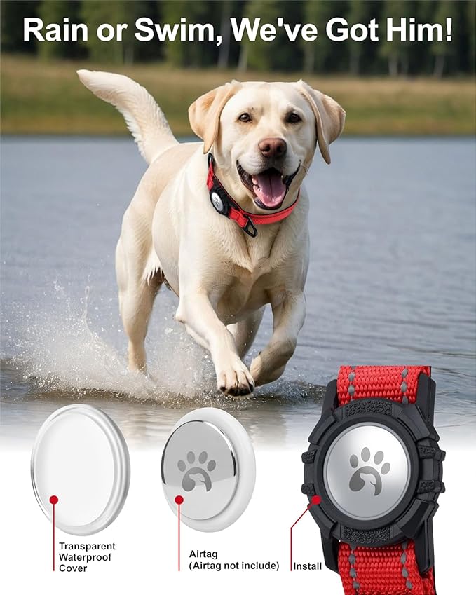 TagME Airtag Dog Collar,Waterproof Reflective Pet Collar with Airtag Holder,Soft Padded and Double D-Rings for Large Dogs,Red