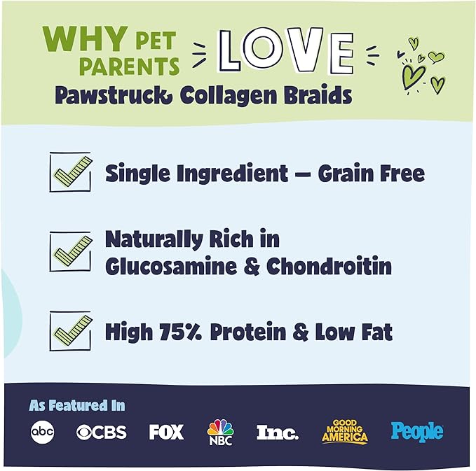 Pawstruck Natural Large 10-13” Beef Collagen Braids for Dogs – Long-Lasting Rawhide & Bully Stick Alternative, with Chondroitin & Glucosamine – 3 Pack
