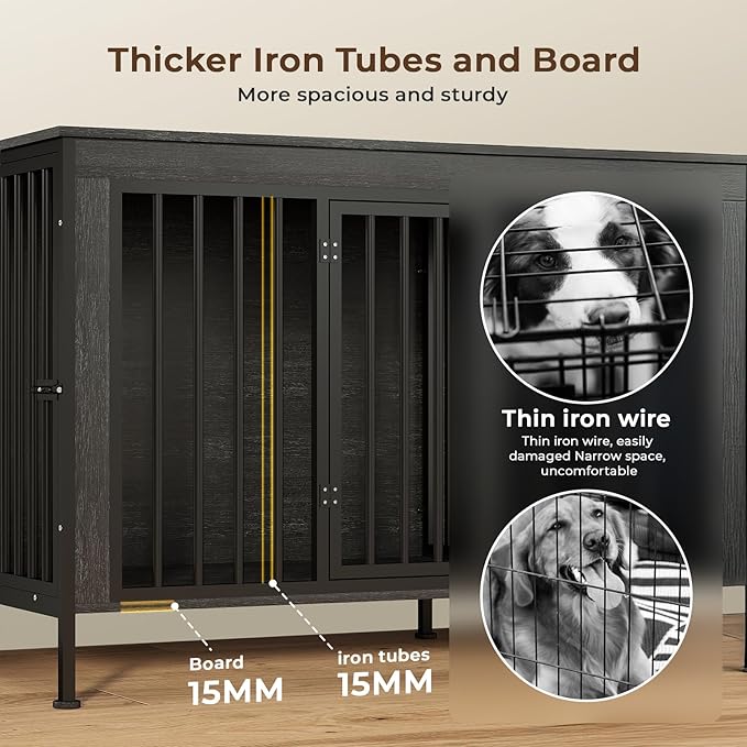 78 Inch Dog Cage Furniture for 2 Large/Medium Dogs with Removable Divider, Extra Large Double Doors Dog Kennel, XXL Thick Wooden Dog cage Furniture, Durable and Sturdy, Dark Grey