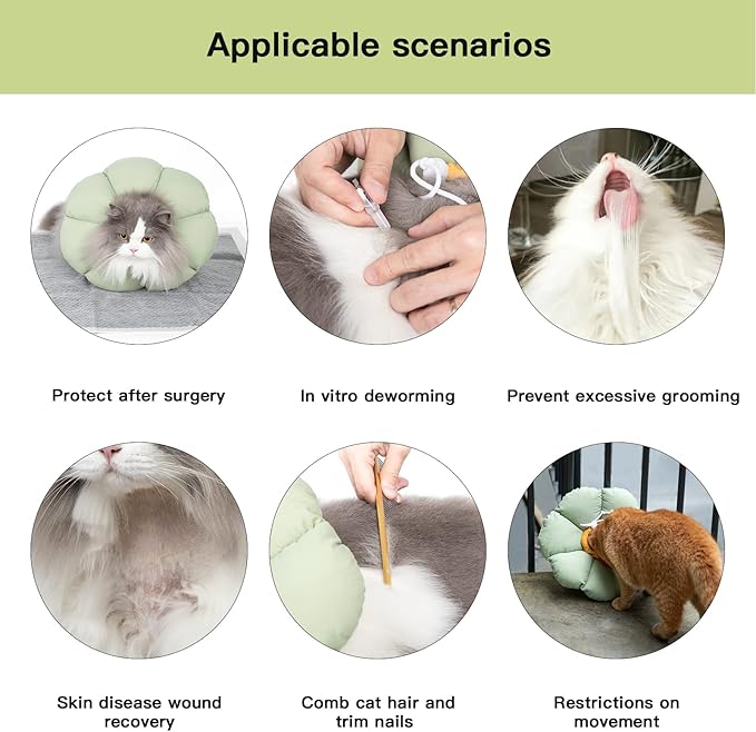 Cat Cone Collar,Cute Waterproof Cat Recovery Collar,Anti-Bite Lick Wound Healing Safety Elizabethan e Collar for Cats,Green Flower All-Season Style