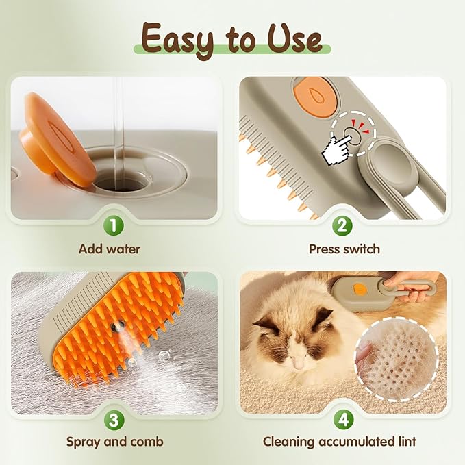 Cat Steam Brush for Shedding, 2025 New 3 in 1 Cat Brushes for Indoor Cats, Pet Steam Groomer Comb, Hair Water Brush Hair Removal Comb for Cats Dogs (Khaki+White)