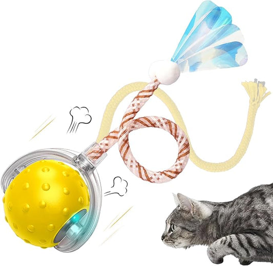 Interactive Cat Toy – Motion Activated Rolling Ball with LED Lights & 3 Play Modes & Two Different Tails - Best Toy for Indoor Cats & Kittens to Stay Active and Stimulate Hunting Instinct (Yellow)
