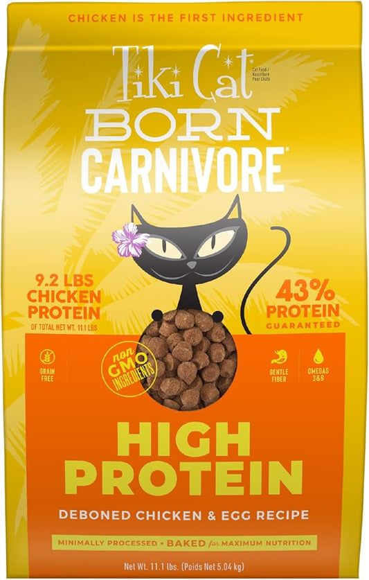 Tiki Cat Born Carnivore High Protein, Deboned Chicken & Egg, Grain-Free Baked Kibble to Maximize Nutrients, Dry Cat Food, 11.1 lbs. Bag