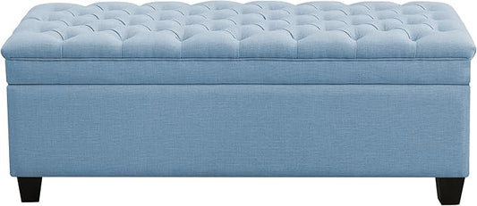 51" Fabric Storage Ottoman Bench, Upholstered Rectangle End of Bed Storage Ottoman Tufted Living Room Bedroom Bench with Safety Hinge, Solid Wood Legs, Loads 500 lb(Light Blue)