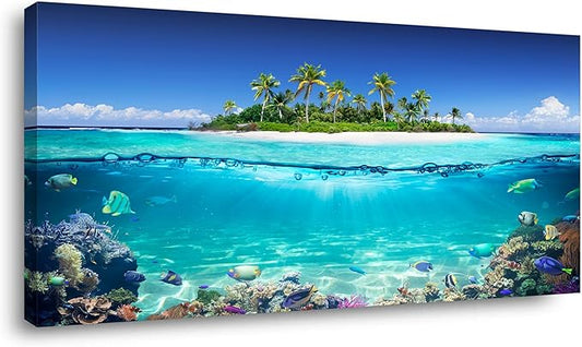 Tropical Island Coral Reef Landscape Canvas Wall Art for Living Room,Unique View Split Waterline Scenery,Beautiful Nature Summer Travel Scenic Picture Print Artwork Painting Decor,Inner Frame 20x40