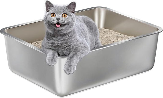 Stainless Steel Litter Box -6in High Side,Metal Litter Box for Cat/Kitty/Rabbits 17" L x 13.8" W x 6" H，Stainless Steel Cat LitterBox-Metal PanToilet,No Smell, Non Stick, Easy Clean.