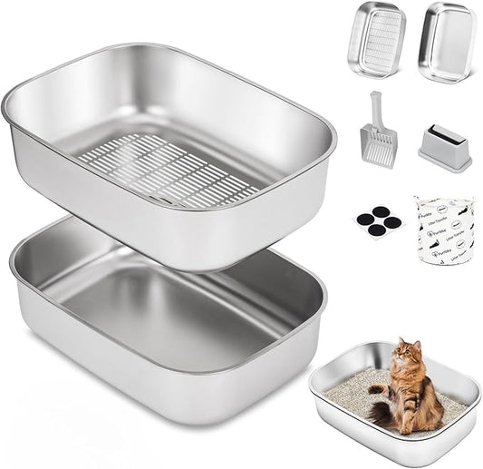 Stainless Steel Sifting Litter Box with Lid, Metal Litter Pan with Scoop for Big Cats Multi Cat, Extra Large Cats Litterbox Odor Control Easy Clean