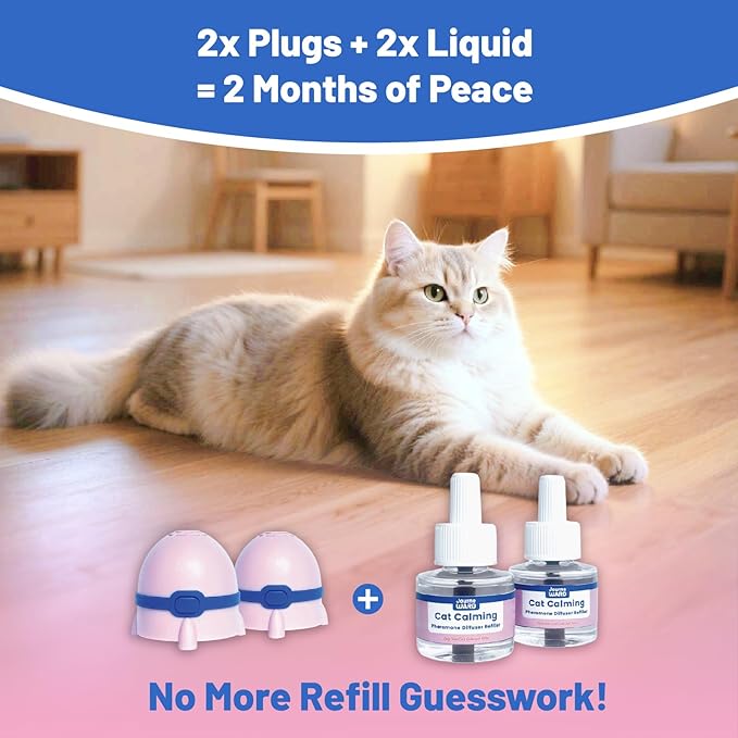 Cat Calming Diffuser, Cat Calming Pheromone Diffuser, Safe Cat Anxiety Relief, Lasts 60 Days, Reduce Stress, Cat Pheromone Diffuser (2Diffusers+2Refills), Calming Cat Pheromone Diffuser