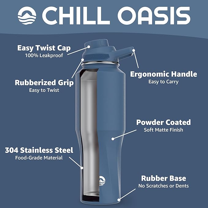 Chill Oasis Water Bottle | Compatible With Popular Flavor Cartridges | BPA Free, Leak Proof, Double-Walled Vacuum Insulated Stainless Steel, and Dishwasher Safe | Cold for 24 Hours (Navy, 32oz)