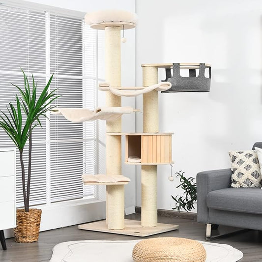PETSITE 77.5" Tall Cat Tree, Multi-Level Modern Cat Tower with Sisal Scratching Posts, Top Perch, Cat Condo, Hammocks, Hanging Basket, and Jingling Balls, Cat Tree Tower for Indoor Cats Large Adult