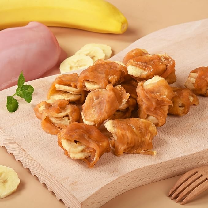 Dog Treats Chicken Wrapped Banana Slices with 1% Taurine, Healthy Training Snacks Rich in Natural Fiber, Rawhide-Free Grain-Free Soft Chews for Small Medium Dogs, 10.6oz