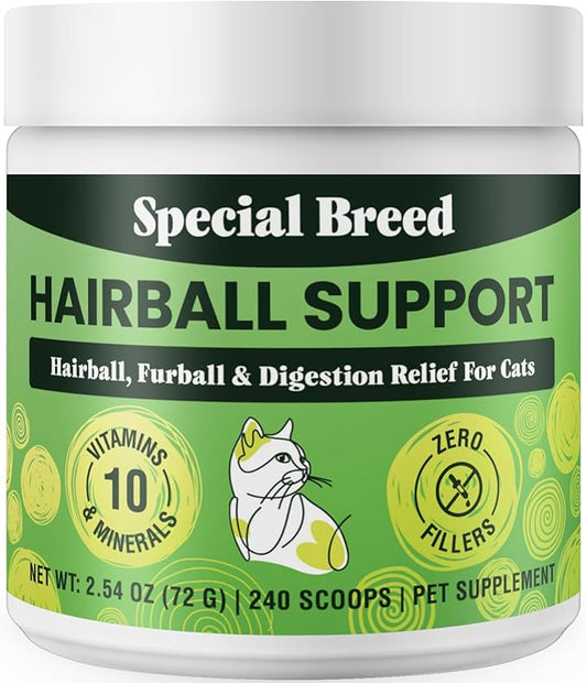 Hairball Support for Cats - 10 Super Ingredients for Hairball Relief, Digestive Support & Healthy Skin - No Fillers - Psyllium, Pumpkin, Omega-3s & More - 240 Scoops