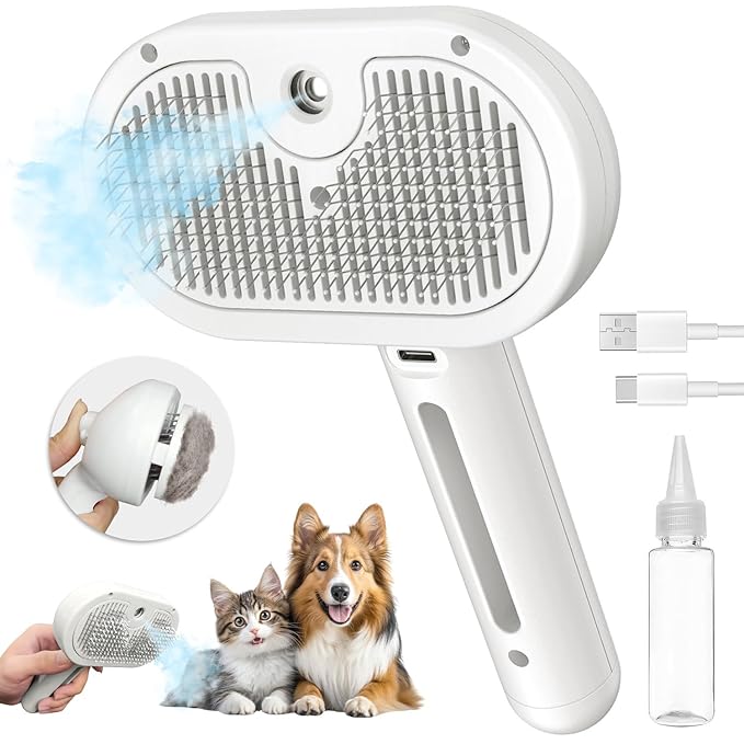 Cat Steam Brush for Shedding, 3 In 1 Steam Pet Brush Self Cleaning, Dog Brush for Long and Short Hair Dogs and Cats, Pet Grooming Comb Remove Tangled Loose Hair, Type-C Fast Charging (White)