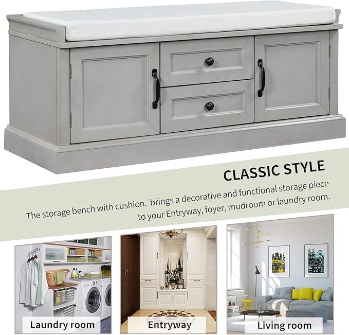 Shoe Storage Bench with 2 Drawers and 2 Cabinets, Pine Wood Shoe Bench with Removable Cushion for Living Room, Entryway 42.5" L x 15.9" W x 17.5" H (Gray Wash)