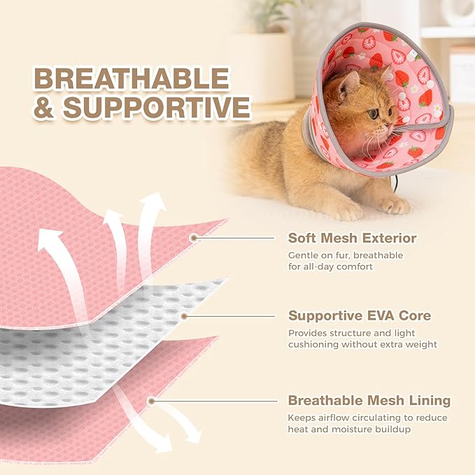 Avont Cat Cone Collar Soft to Stop Licking, Adjustable Foldable Lightweight Kitten Recovery Collar After Surgery for Small Dogs, Elizabeth Cone of Shame Alternative -Strawberry(S)