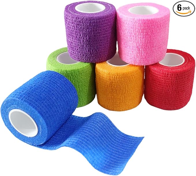 6 Pack 2" x 5 Yards Self Adhesive Bandage Wrap Breathable Cohesive Vet Wrap for Pets, Elastic Self-Adherent Tape for Sports, Wrist, Ankle (Mixed Colors)