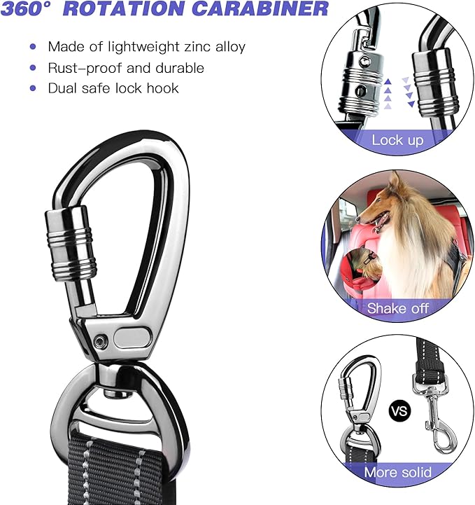 AUBELL Dog Seat Belt for Car,2 Pack Set 3-in-1 Adjustable Reflective Bungee Heavy Duty Dog Car Harness Tether with Clip Hook Latch & Buckle,Swivel Zinc Alloy Carabiner,Black+Black