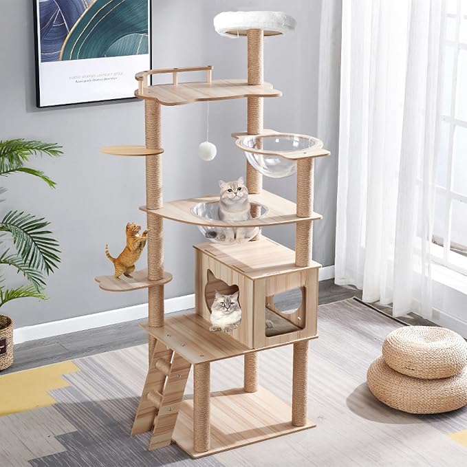 67-Inch Cat Tree for Indoor Cats Large Adult,Cat Tree Tower with Condo, Cat Stairs, 2 Bowl,14 Sisal Scratching Posts, Top Perch, with Padded Platform Bed,Toy Balls,Larg Large cat Tree.B12