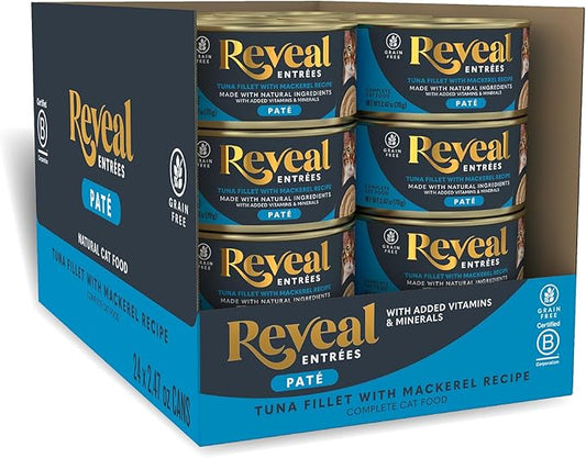 Reveal Entrées Natural Wet Cat Food Paté, Grain-Free with Added Vitamins & Minerals, Carrageenan-Free Tuna Fillet with Mackerel Paté Recipe (24 x 2.47 oz Cans)