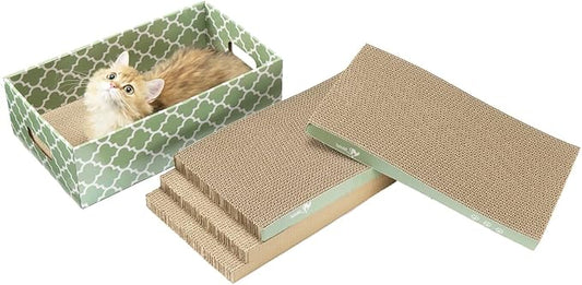 MECOOL Cat Scratching Board，5PC Cat Scratch Pad with Box，Reversible Corrugated Cat Scratcher Cardboard and Lounge Bed for Indoor Cats, Catnip