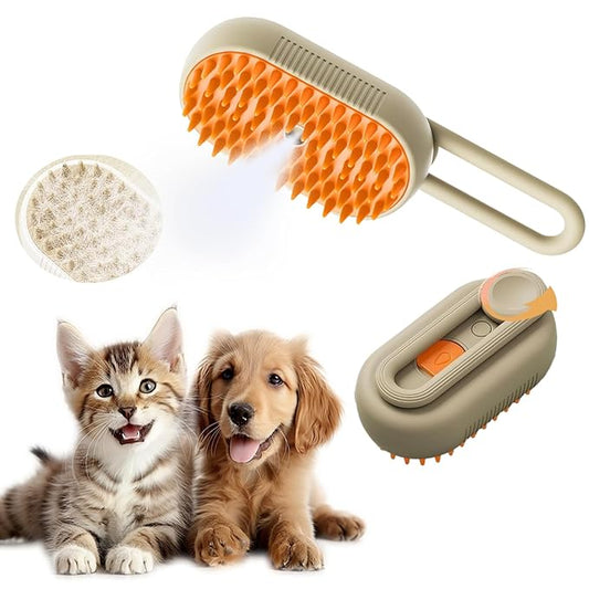 Cat Steam Brush, 3 in 1 Pet Spray Hair Removal Comb, Cats and Dogs Brush for Shedding, Rechargeable Silicone Pet Steam Brushes, Spritz Defur Comb for Massage, Cleaning and Remove Loose Hair - Khaki