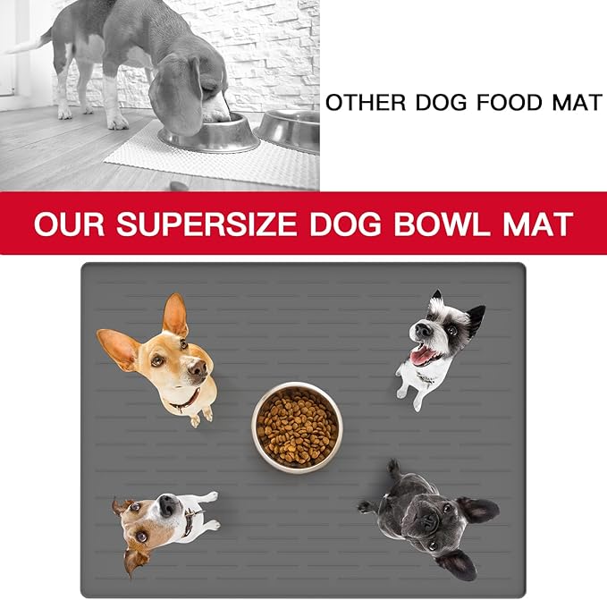 39.4"x29.5" Largest Pet Food Mat, Silicone Dog Mats for Food and Water, Nonslip Pet Feeding Mats for Floors,Dog Cat Bowl Mat with Raised Edges, Gray Blue