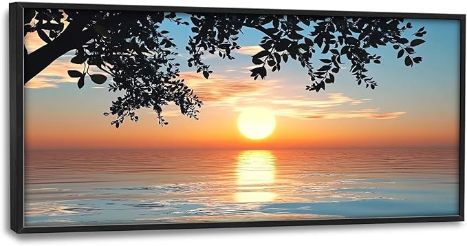 Framed Large Lake Sunset Wall Art, Oversized Natural Landscape Wall Decor for Living Room, Tree Leaves Canvas Painting Pictures Home Decoration for Living Room Bedroom Office 60"x30"