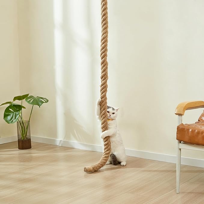 SHENGOCASE 1.9" x 8.9Ft Cat Climbing Jute Rope for Ceiling with Hook, Wall Mounted Furniture for Indoor and Outdoor Cats, Cimbing Pole (8.9 Feet)