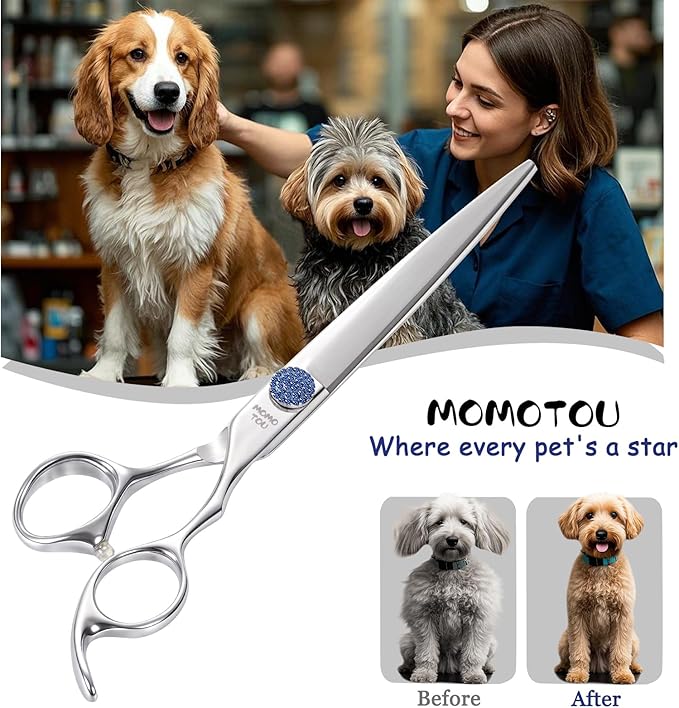 7.5'' Dog Grooming Scissors CNC 440C Blades Sharp and Durable Polished Straight Dog Shears with Blue Diamond Adustable Screws Easy to Use for Groomer and Home User