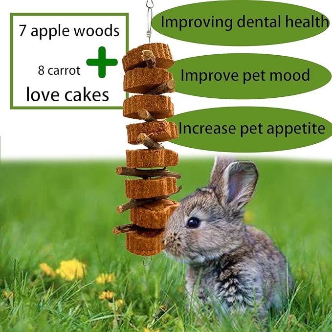 Bunny Carrot Cake Chew Toys,Rabbit Teeth Grinding Hanging Chinchillas Molar Toy Improve Dental Health Natural Apple Sticks for Guinea Pigs Rats Hamsters Gerbils(4 Packs)