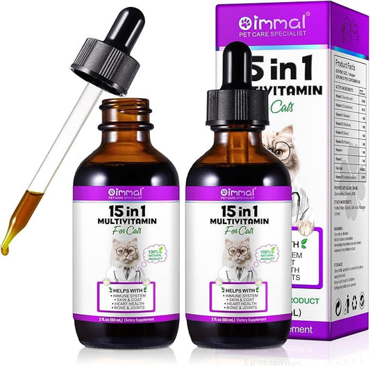 2PCS Liquid Multivitamin for Cat, 15 in 1 Cats Multivitamin Liquid Drops Supplements for Skin & Coat, Heart Health, Bones and Joint, Cat Vitamins with Glucosamine and MSM, Immune System Support