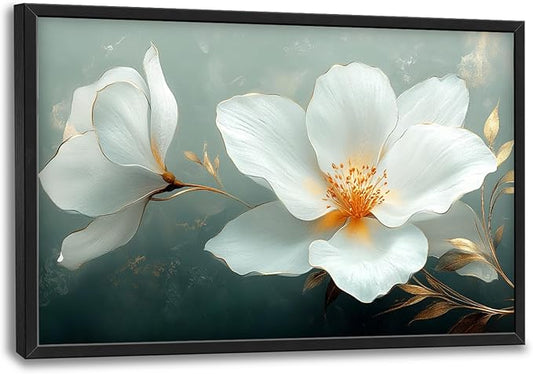 Large White Floral Wall Art for Living Room, Flower Canvas Oversized Wall Decor, Aesthetics Framed Pictures Painting Print Artwork for Bedroom Office 36L" x 24W"